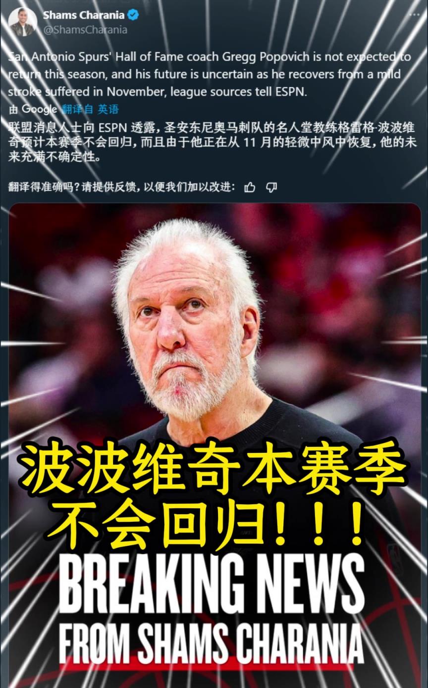 祝好！Shams：馬刺主帥波波維奇本賽季不會回歸，未來不確定
